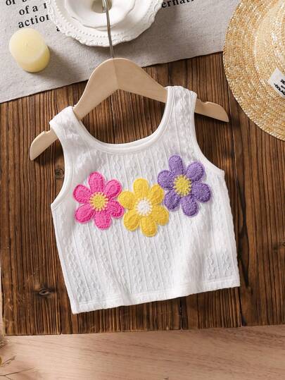 SHEIN LMoss Kids LMoss   Young Girl Solid Color 3D Flower Knitted Crop Top, Casual Style