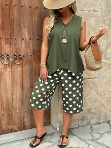 SHEIN LUNE 2 Pcs/Set: V-Neck Asymmetrical Hem Tank Top And Polka Dot Print Capri Pants, Comfortable & Casual - Army Green - View 3