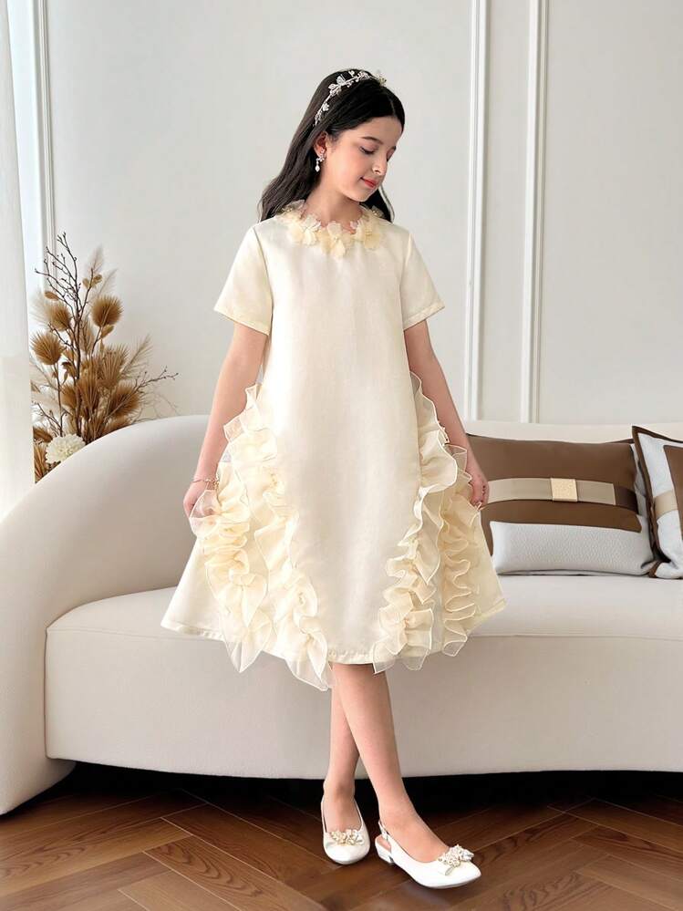 فستان أنيق بياقة مستديرة وأكمام قصيرة مصنوع من نسيج المعقود للفتيات المراهقات - لون مشمشي - مشاهدة 8