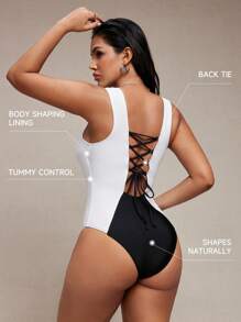 Shapewave Summer New Women's Sexy Drawstring Contrast Color One-Piece Swimsuit Shapewear - Black and White - View 7