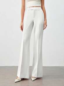 BizChic Women White Front Center Seam Flared Design Pants, Romantic Elegant Everyday Fashion Business Casual Suit, Suitable For Office, Teacher In Fall/Winter