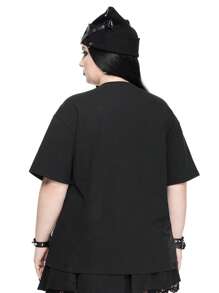 ROMWE Plus Size Women Gothic Dark Cat & Skull Print Plus Size T-Shirt - Black - View 5