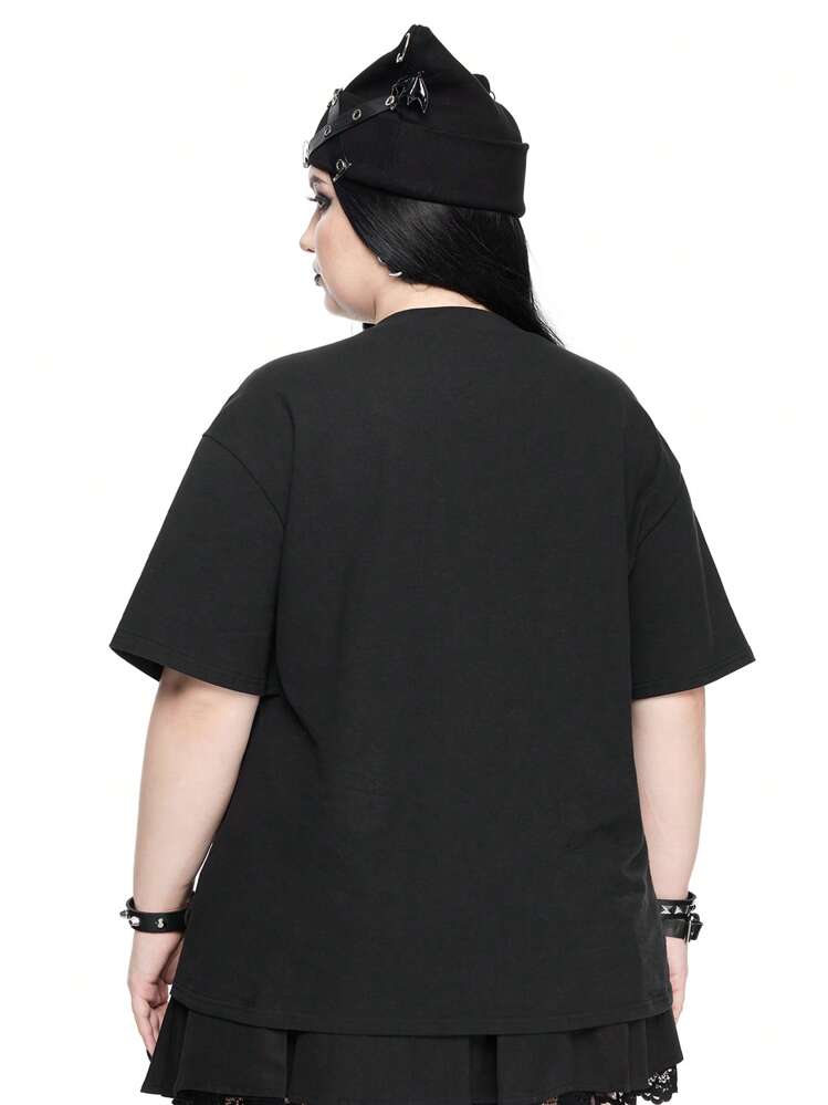 ROMWE Goth Camiseta de talla grande para mujer con estampado gótico de gato y calavera - Negro - Añade 5
