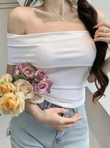 DAZY 女式纯色露肩修身背心 T 恤、女式短款上衣、露肩上衣 - 白色 - 查看 2