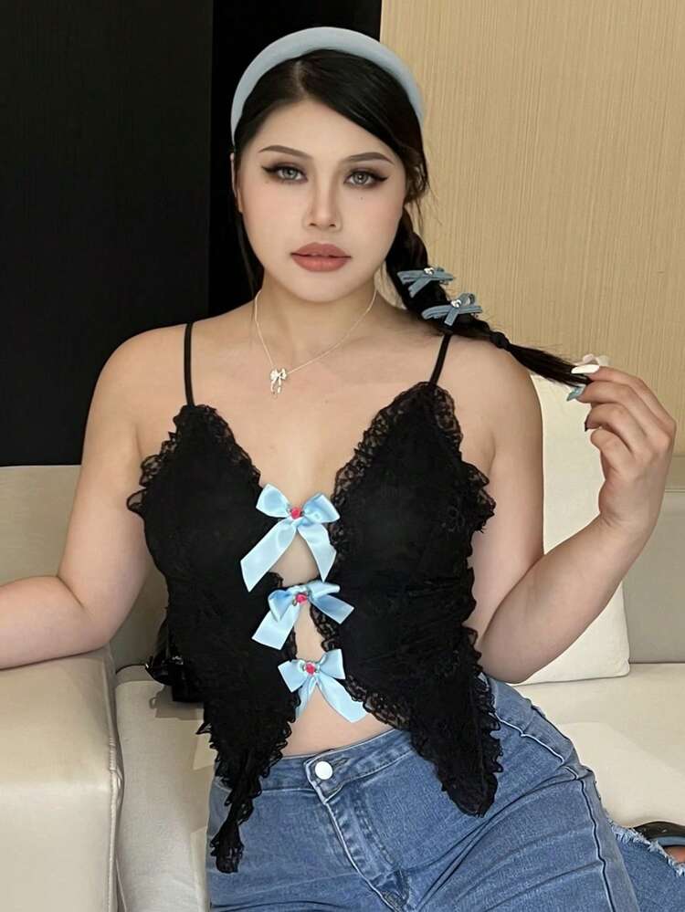 Plus Size Women Bow Decor Asymmetrical Hem Lace Camisole Top, Sexy, Spring/Summer Club Crop Women Tops
