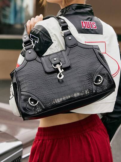 SHECARRY 女士，女式单肩包，托特包，时尚，个性化，简约，多功能，街头，Y2K，铆钉，金属扣，酷炫，适合日常购物