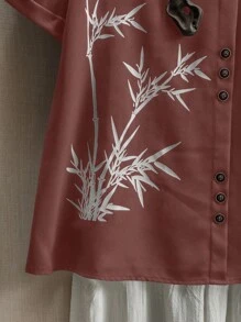 SHEIN LUNE Blus Kasual Nyaman Motif Daun Bambu untuk Wanita - Dusty Pink - View 4