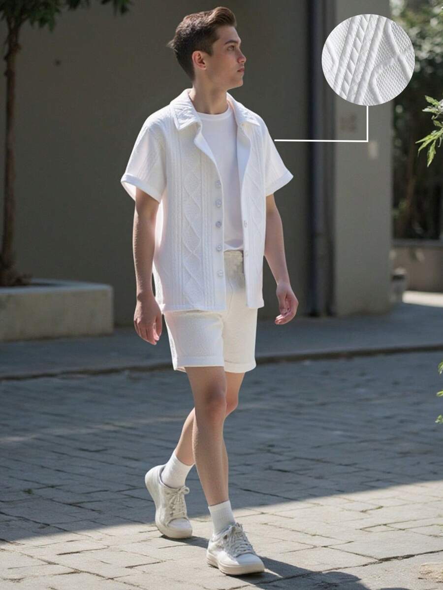 SHEIN Teen Boy Casual Cool Comfortable Hoodie & Pants Set - Apricot - View 1