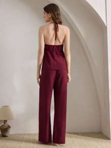 Ocili Leisure Women Summer Solid Ruffle Hem Halter Neck Top And Pants Loungewear Set Holiday Season Outfit - Burgundy - View 2