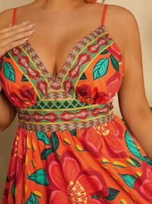 Travachic 大码女式节日休闲热带花卉印花吊带短款连衣裙，夏季 - 橘色 - 查看 1