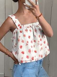 SHEIN Frenchy 女士度假印花编织提花后系带荷叶边下摆背心，夏季度假露背欧洲夏季露背上衣，碎花图案狂欢上衣狂欢伊比沙岛海滩可爱外出上衣生日度假