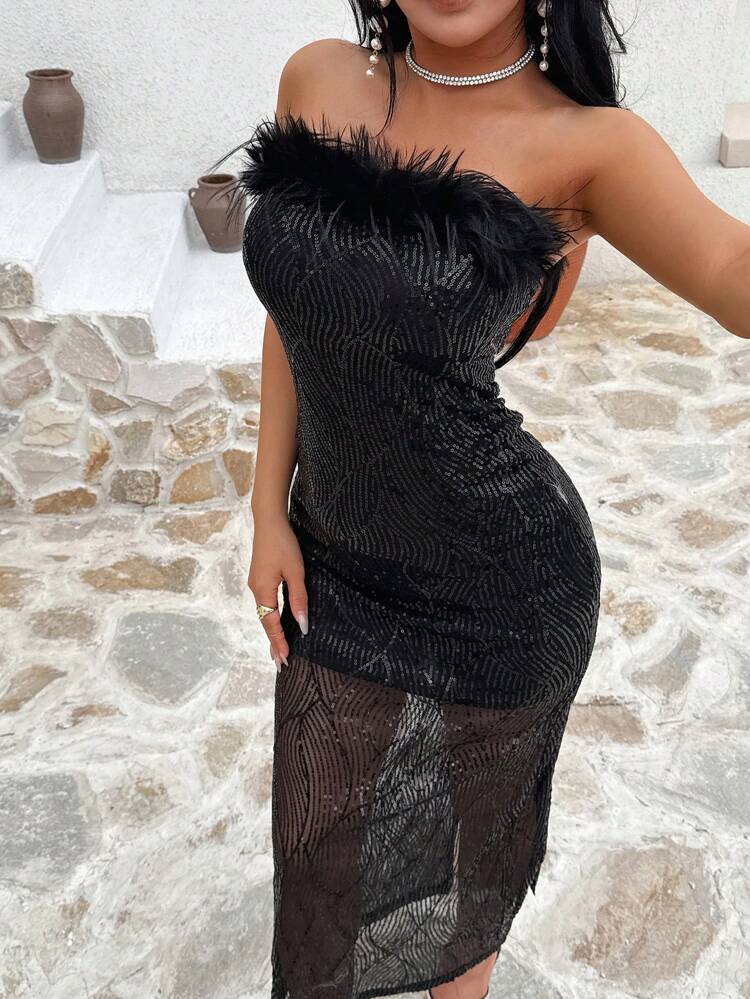 Women's Mid-Length Solid Color Strapless Dress, Fashionable For Summer Prom Dress Sequin Sexy Dress New Year Eve Dress Carnival