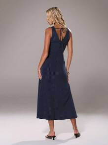 TRNVIE Retro Polka Dot Print V-Neck Slim Fit Long Dress - Navy Blue - View 2