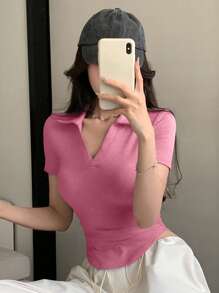 DAZY 女士春夏新款 Polo 短袖 T 恤，适合休闲装 - 玫紅色 - 查看 7