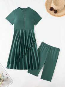 Swim Mulvari 2 pièces Robe longue asymétrique à manches courtes avec fermeture éclair, couleur unie pour le printemps, mode plage et vacances pour femmes