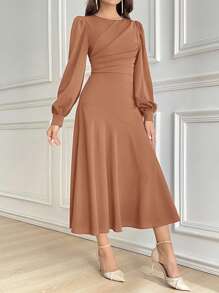 Modelyn Vestido midi elegante de manga lanterna de cor sólida para mulheres, vestidos longos de noite de outono