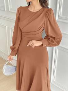 Modelyn Vestido midi elegante de manga lanterna de cor sólida para mulheres, vestidos longos de noite de outono