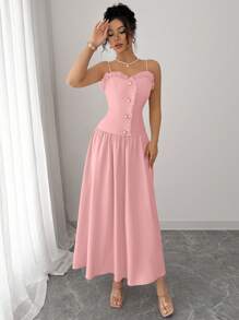 Elenzga Abito elegante e casual da indossare tutti i giorni, in stile europeo e americano, con spalline a spaghetti e balza sul fondo, arricciature in vita e decorazione in metallo, adatto per uscite, appuntamenti, vacanze, pendolarismo e altre occasioni, ideale per la fotografia