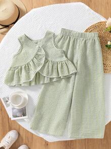 SHEIN Elladie kids Young Girl Casual Striped Camisole & Pants 2 Pieces Set, Summer Young Boys Casual Sets Girls Clothes 2 Pieces Young Girls Clothing 2 Pieces Summer Two Pieces Set For Kids Girls Summer Clothes 2 Pieces