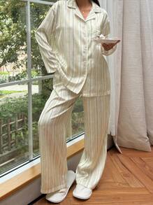 DAZY Stripe Print Satin Loose Striped Shirt & Pants Pajama Set - Yellow - View 5