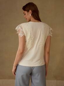 MOTF PREMIUM CAMISETA DE MANGA CORTA CON ENCAJE DE CONTRASTE - Albaricoque - Ver 6