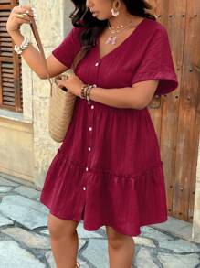 Breezaya Plus Size V-Neck Textured Raglan Sleeve A-Line Ruffle Hem Dress Women Short Dresses Summer Women Summer Clothing Woman S Summer Clothes Women Summer Sets
