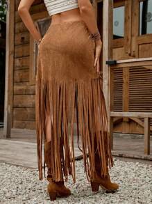 SHEIN LUNE Falda A-Line con bajo con flecos color tostado, adecuada para festivales de música country, primavera/verano
