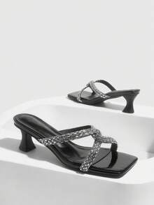 CUCCOO SZL Women's Silver Luxury Rhinestone Chain High Heel Sandals - Black - View 10