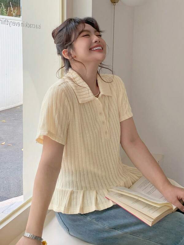 Dazy Plus Solid Color Patchwork Pleated Hem Half Open Collar Short Sleeve Slim Fit T-Shirt Women Summer Clothing Yellow Blouse,Crop Tops Women