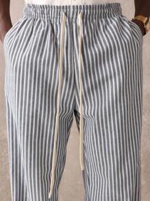 SUMWON 高腰阔腿条纹套脚裤休闲家居服抽绳长裤度假服夏季海滩度假轻便舒适宽松裤 - 藍色 - 查看 6