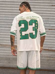 AXEPEAK 2pcs Set Men's Small V-Neck Digital Print Loose Jersey T-Shirt And Shorts Summer Outfit, Streetwear Ready - Multicolor - View 2