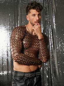 FeverCity Camiseta de manga larga ajustada y corta para hombres con patrón de quemado en y punto - Café integral - Ver 4