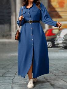 Linhara Plus Size Women's Solid Color Drop Shoulder Loose Casual Shirt Dress, Spring/Fall Maxi Women Outfit - Blue - View 3