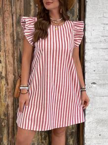 SHEIN VCAY Plus Size Casual & Holiday Striped Mini Cap Sleeve Dress - Red and White - View 1