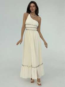 Aloruh Spring Summer Romantic Date Vacation Contrast Color Spaghetti Strap Dress For Women - Apricot - View 6