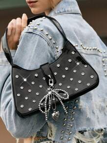 SHECARRY Minimalist Zippered Rhinestone-Embellished Black Shoulder Bag Tote For Commuting - Black - View 7