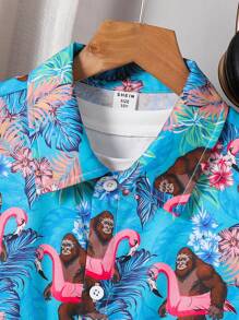 SHEIN Leap Crew Tween Boy Vacation Casual Collegiate Soft & Comfortable Versatile Solid Collar Short Sleeve Shirt With Allover Monkey Leaves Floral Print, Suitable For Spring & Summer, Daily Wear, Outdoor Activities, School, Street, Party, Leisure - Multicolor - View 6