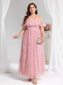 Coutiva Plus Size Women's Ball Gown Bridesmaid Dress With Embroidered Mesh Inset, Waist Cinching, Slimming, Formal, Party Dress, For Evening, Wedding Guest - Pink - View 5