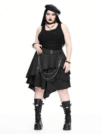 Goth Falda de talla grande asimétrica con cadena de metal de cruz a rayas en estilo gótico