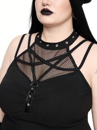 Goth Plus Size Punk Eyelet Cutout Fishnet Patchwork Camisole Tank Top