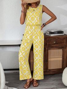 Breezaya Elastic Waist Print Jumpsuit With Round Neck & Sleeveless, Vacation Wear, Spring/Summer - Yellow - View 4