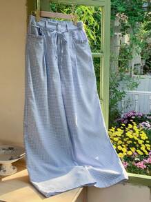 Comfortcana Damen Karomuster Knoten Taschen Lässig Urlaubs Hose