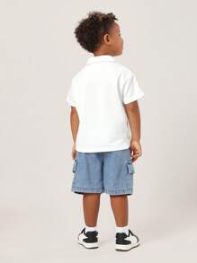 SUMWON 儿童工装牛仔短裤松紧腰抽绳夏季休闲运动宽松可调节舒适棉质户外探险休闲服 - 藍色 - 查看 5