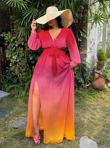SHEIN SXY Robe ombré en mousseline de soie pour grandes tailles avec fente haute, robe ample à manches longues pour vacances à la plage
