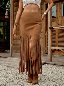 SHEIN LUNE Falda A-Line con bajo con flecos color tostado, adecuada para festivales de música country, primavera/verano