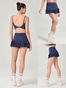 GLOWMODE 3英寸双倍时间褶皱迷你裙，内置短裤侧袋，防滑握把，低冲击力网球高尔夫匹克球日常休闲装 - Dark Blue - 查看 8