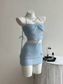Elamini Women's Butterfly Applique Blue Hollow Neck Sleeveless Sweater Dress