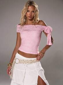 TRNVIE Romantic Lace Pink Off-Shoulder Women T-Shirt, Spring/Summer - Pink - View 4