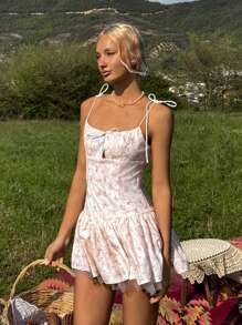 SHEIN EZwear Women's Floral Print Knotted Cami Mini Dress - Multicolor - View 3