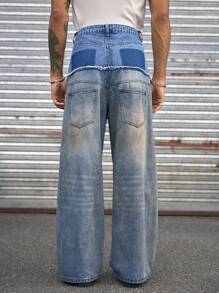 AXEPEAK 男士时尚街头风格拼色阔腿牛仔裤 - 藍色 - 查看 2